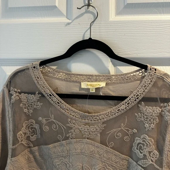 Rebellion Tan Blouse with Ruffled 3/4 Sleeves - Picture 2 of 3